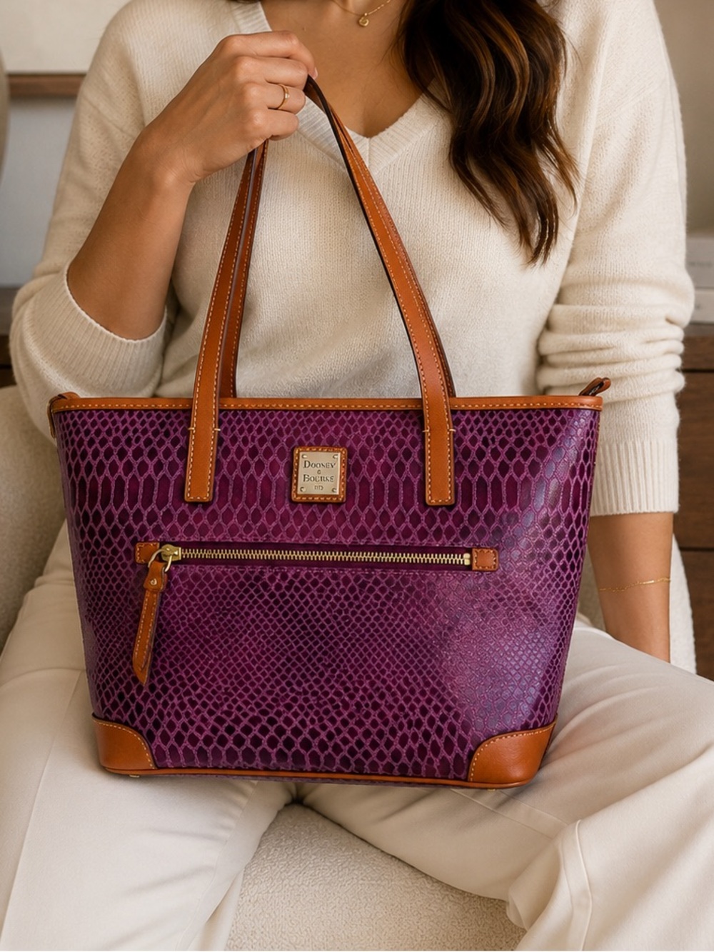 Dooney & Bourke Purple Python Embossed Leather Tote Bag
